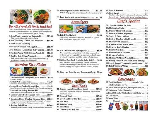 We have Vietnamese, Chinese, Thai food, and please check the menu, thanks