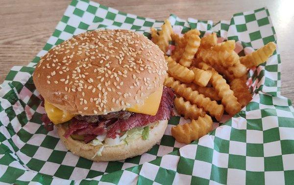 A delicious pastrami burger and a just-right portion of fries.