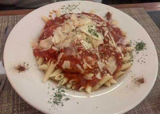 Chicken Parmesan over penne