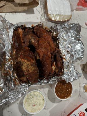 Rib Tips, pork ribs , hot Beef Links BBQ Beans & Potato Salad