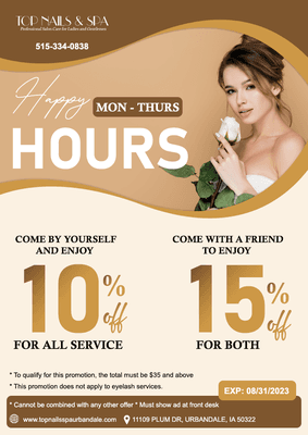 Happy Hours
Our address: 11109 Plum Dr Urbandale, IA 50322
Contact us: 515-334-0838
Website: https://topnailsspaurbandale.com/