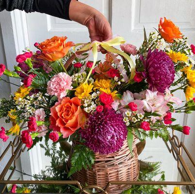 Basket of Blooms - Colorful Seasonal Florals in a Wicker Basket - Perfect for spring and summer!