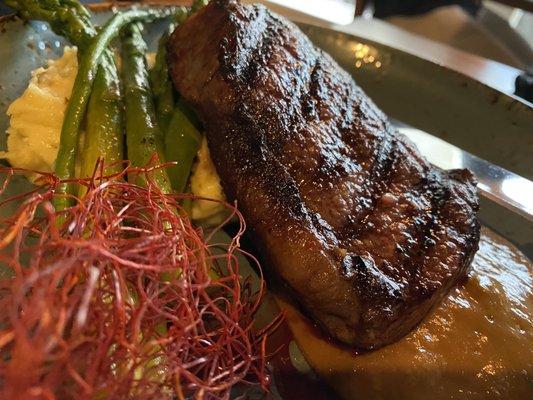 Australian Wagyu beef, garlic chive Yukon gold potatoes, asparagus.