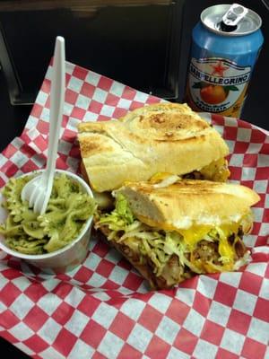 Brisket sando w/ pesto pasta.