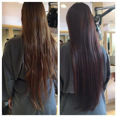 My client Sarah's hair before and after color, treatment and trim