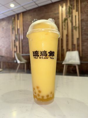 Mango Slush with mango pearls. So good on a hot day!!