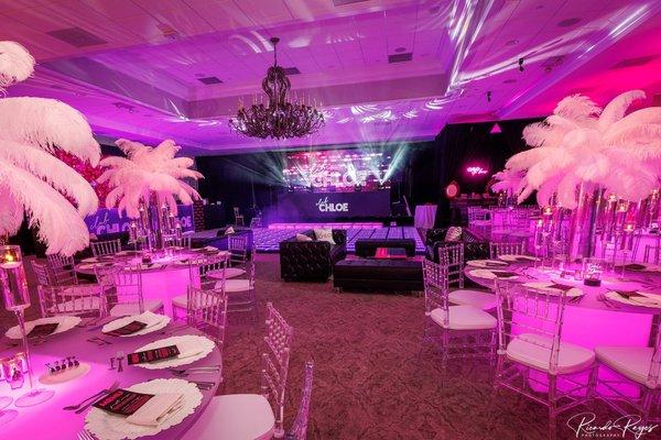 Stunning visuals - lighting, chairs, centerpieces, dance floor, led wall - all by us!