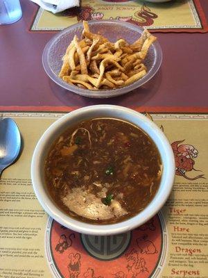 Hot m Sour soup with those crunchy things. Only $1.60!