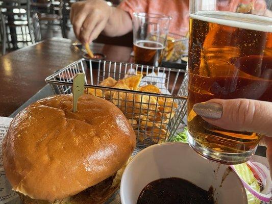 Burger with aujus and house chips. Yeungling Beer was a perfect complement to the meal.