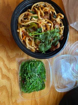 Spicy beef shangrila noodle and seaweed salad