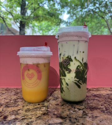 Mango and Passion Fruit Yakult & Matcha Latte With Sakura Foam