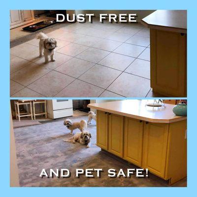 Before and after photo of a dust free tile removal in Phoenix job. Safe for all members of the family, especially the little ones.