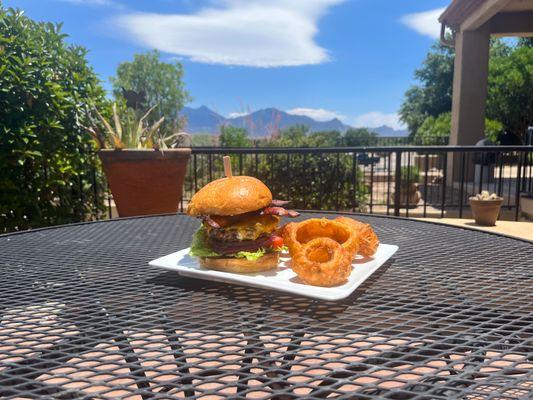 The Blanca burger is a beef and lamb blended patty, infused with blue cheese and bacon.Topped with smoked cheddar and bacon on a brioche bun