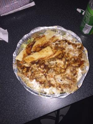 Large platter ,Chicken over rice with white sauce and bbq sauce