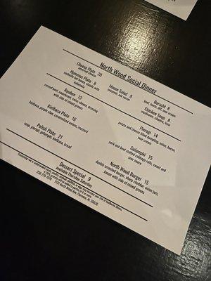 Dinner menu