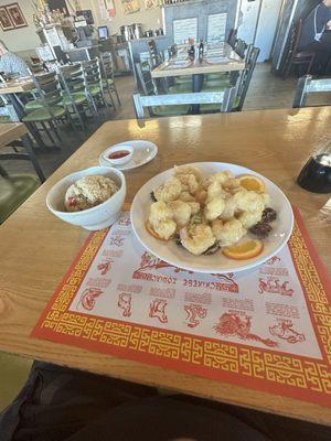 This is the Honey Walnut Shrimp with fried rice and I had the egg roll but their soup is great also.