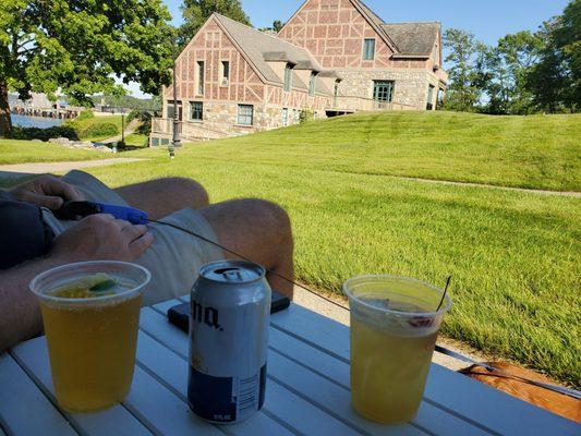 Yummy drinks from Tiki Bar. Since dogs not allowed in pool area. We sat on the lawn side of the tiki bar with the dogs.