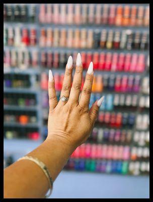 Amazing nail tech, Linh with the milky white nails either chrome. Almond shape, long length