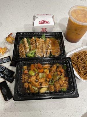 Top: teriyaki chicken Bottom: cashew chicken  Sides: white rice, lo mein, Thai tea