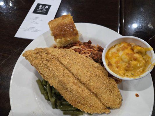 Mama's plate - catfish, spaghetti green beans with cornbread and an added side of Premium mac and cheese.