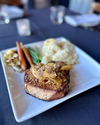 Signature Entree: Smoked Pork Chop with Apple whiskey chutney