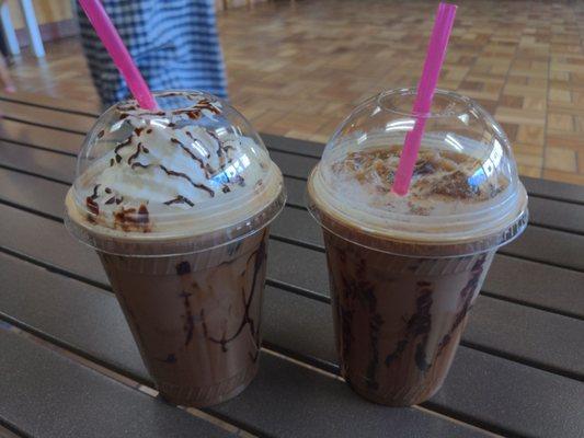 Coffee ice Mocha with a decaf Mocha on the left