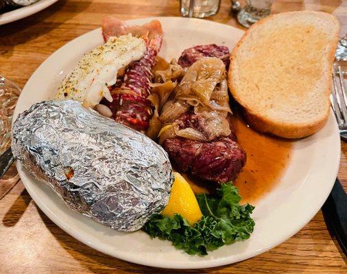 Steak and Lobster with grilled onions