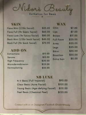 Nidorè Beauty's spa menu