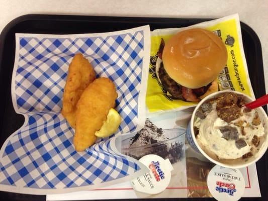 The halibut is so dang good. Bacon burger and brownie/Reese's shake to accompany it.