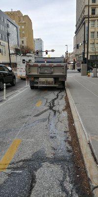 OPPD truck blocking both lanes of the Market to Midtown bikeway, because they can.