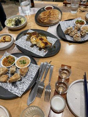 Pork and mushroom gyoza in the back. Jackfruit and chicken karaage. The fish special. Napa Caesar salad in the back left.