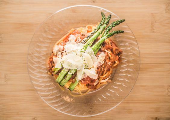 Spaghetti Bolognese with Grilled Asparagus and Parmesan