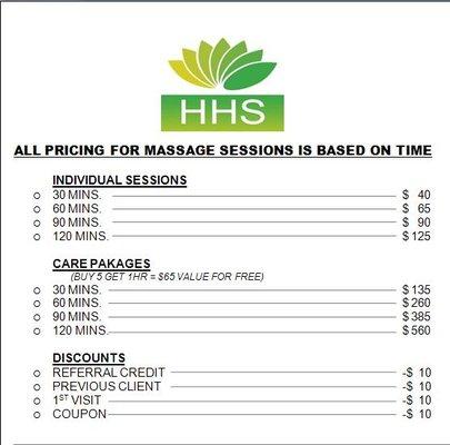 These are the prices for massage therapy, (they maybe subject to change).