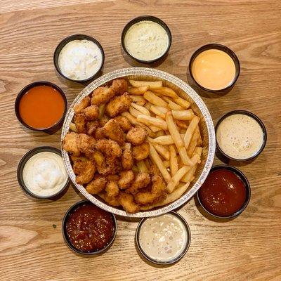 Fried Chicken Bites over French Fries!  Which dipping sauce would you prefer?