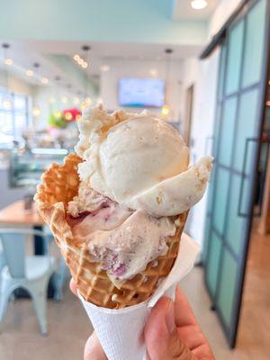 Double scoop with salted caramel and Earl Grey Blackberry  on a brown butter waffle cone