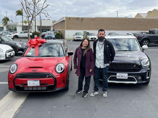 My new 2024 Mini Cooper S 2Door next to my 2022 Countryman and Collin from Mini of DTLA.