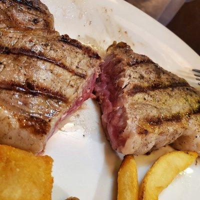 blue rare steak, ordered medium rare