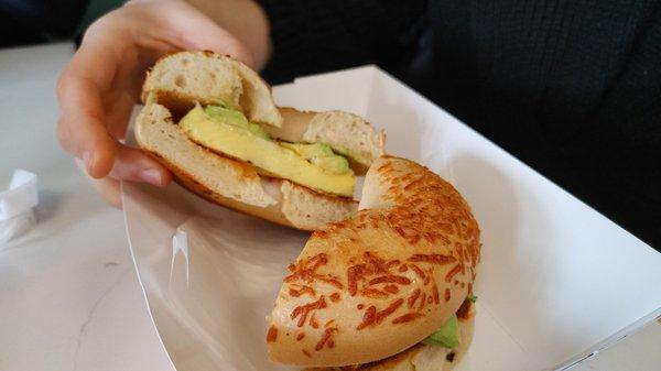 Vegetarian breakfast on a bagel.