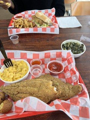 Catfish Sandwich on a Bun and Catfish Basket Turnip Greens Mac & Cheese