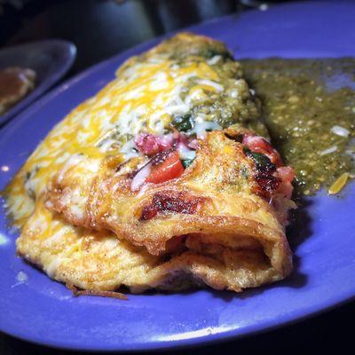 Build-Your-Own-Omelet: Three Eggs, Corned Beef, Tomatoes, Spinach, Salsa Verde.