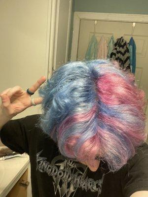 Top view of the pink and blue split dye