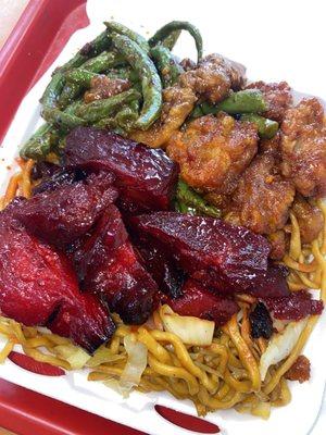 bbq pork (red meat) orange chicken, noodles, green beans