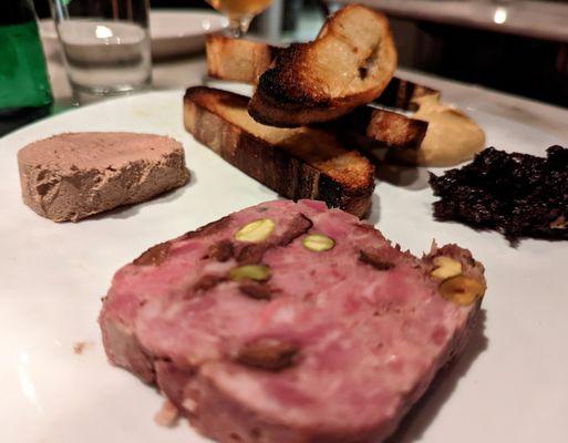 Charcuterie platter. Colleen liver pate, country pate, mostarda, mustard and bread.