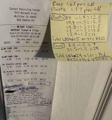 Unequal added weight on receipt did not count 3 canister full of plastic bottles on receipt. Clerk didnt enter weights right either