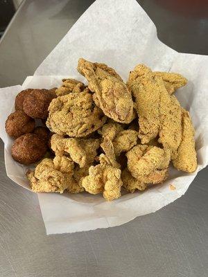 Fish, Prawn, Oysters with hush puppies