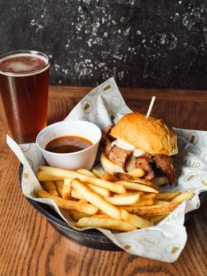 The Dip Sandwich with sliced brisket, Swiss cheese and a horseradish sauce!