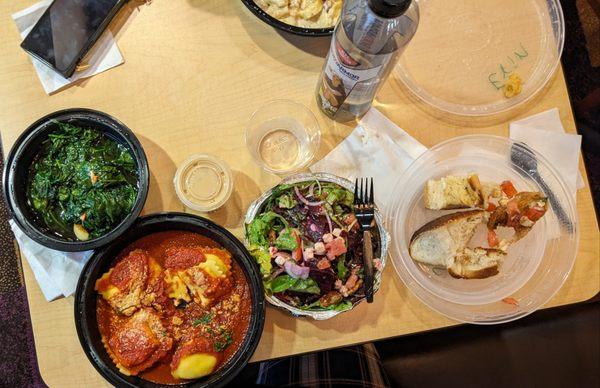 Sauteed Spinach, Cheese Ravioli (added parmesan), Beet Salad, Bread