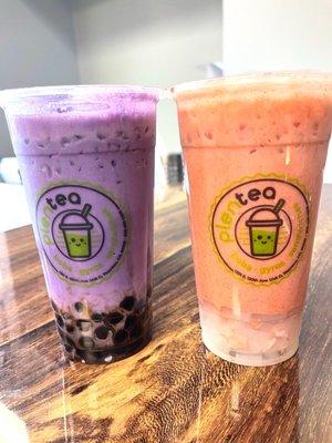 L-R Taro mill tea with boba., red bean mill tea with lychee