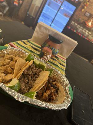 Pollo taco, carne asada taco, and carnitas taco