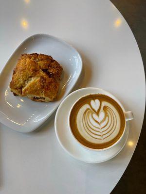 Honey cinnamon scone and vanilla latte.